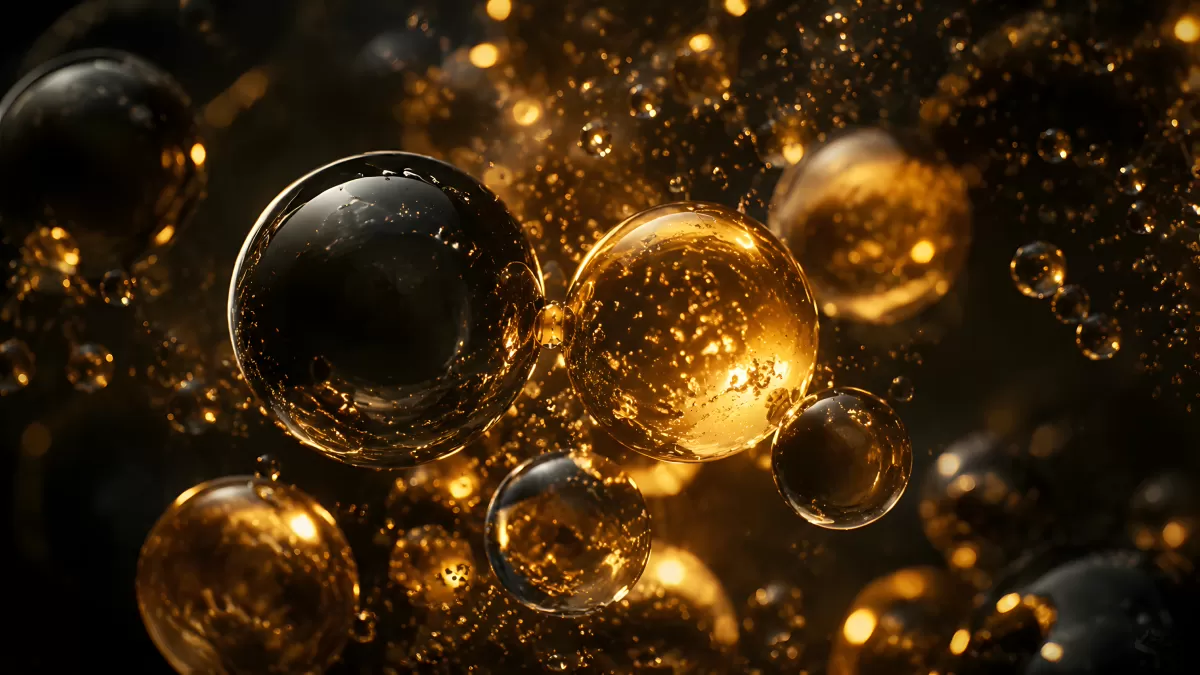 Goldene Blasen schweben in dunkler Flüssigkeit