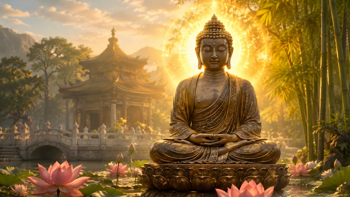 Goldene Buddha-Statue meditiert zwischen Lotusblüten
