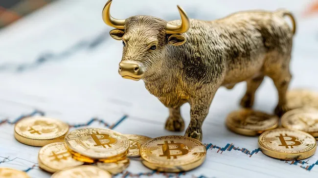 Goldene Bulle auf Finanzdiagramm mit Bitcoin-Münzen