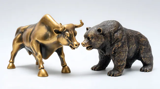 Goldene Bulle und Bär-Statuen auf weißem Hintergrund