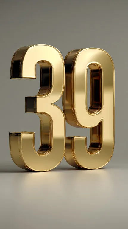 Goldene, dreidimensionale Zahl 39 auf Grauem Hintergrund