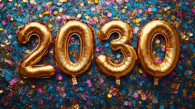 Goldene Folienballons 2030 mit farbigem Konfetti