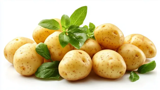 Goldene, frische Kartoffeln mit Blättern auf weißem Hintergrund