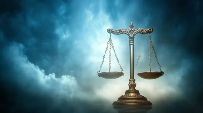 Goldene Gerechtigkeitswaage vor Gewitterhimmel