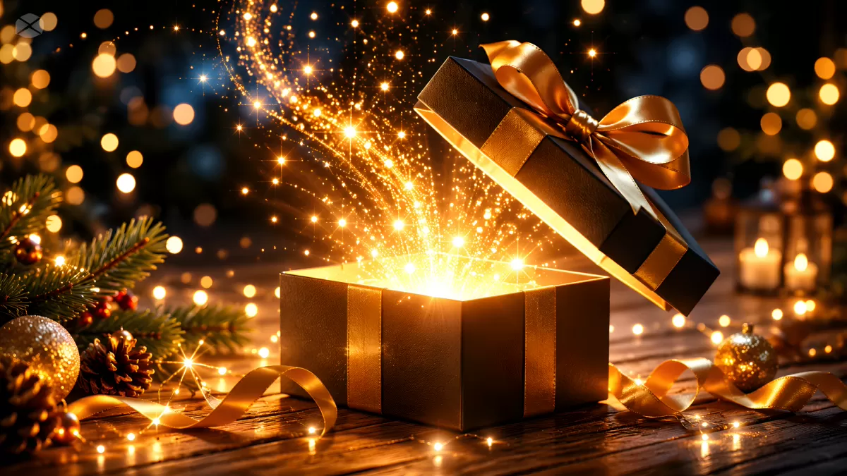 Goldene Geschenkbox mit magischem Funkeln zu Weihnachten
