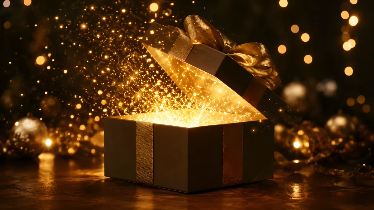Goldene Geschenkbox mit magischen Lichtfunken