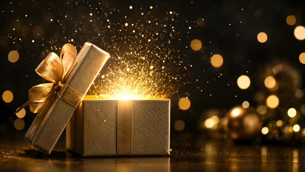 Goldene Geschenkbox öffnet sich mit Lichtfunken