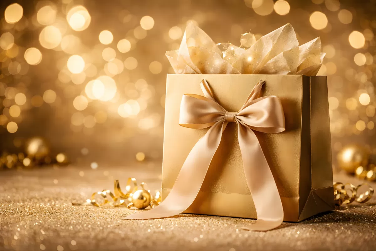Goldene Geschenktüte mit Satinschleife und Bokeh-Lichtern