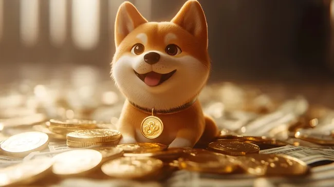 Goldene Glücksmünze mit lächelndem Shiba-Inu-Hund