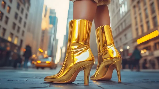 Goldene High Heels auf Pflasterstraße in New York City