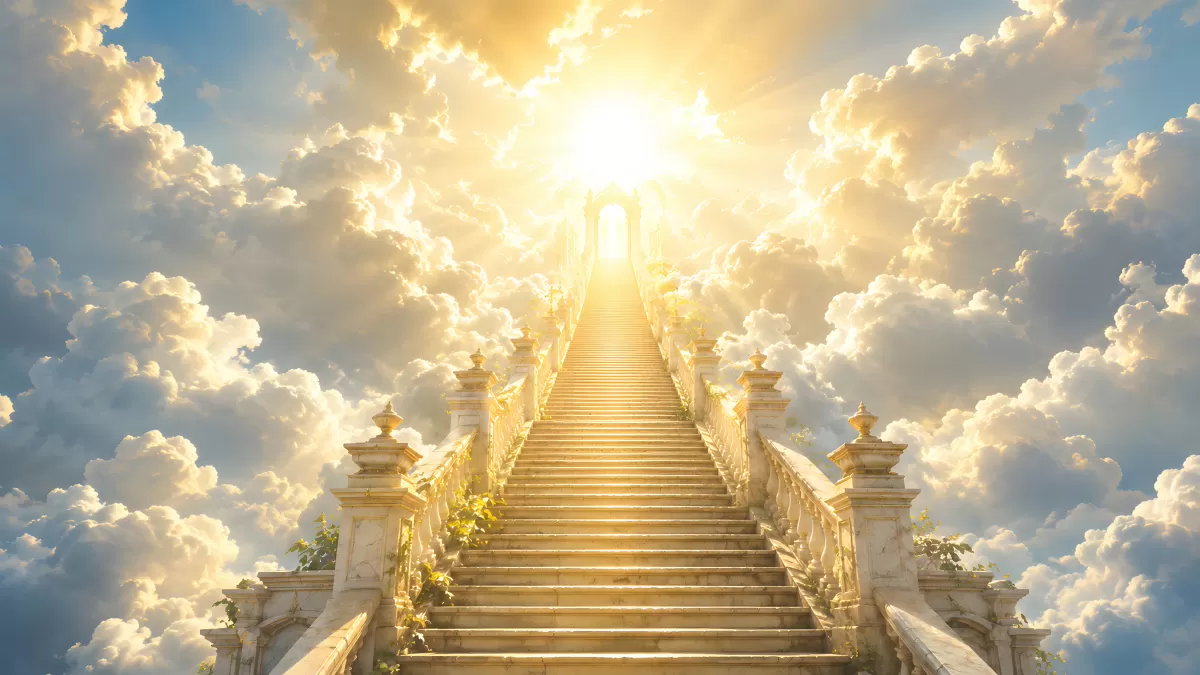 Goldene Himmelsstreppe führt durch leuchtende Wolken