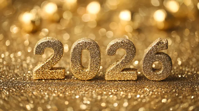 Goldene Jahreszahl 2026 im Glitzer-Ambiente