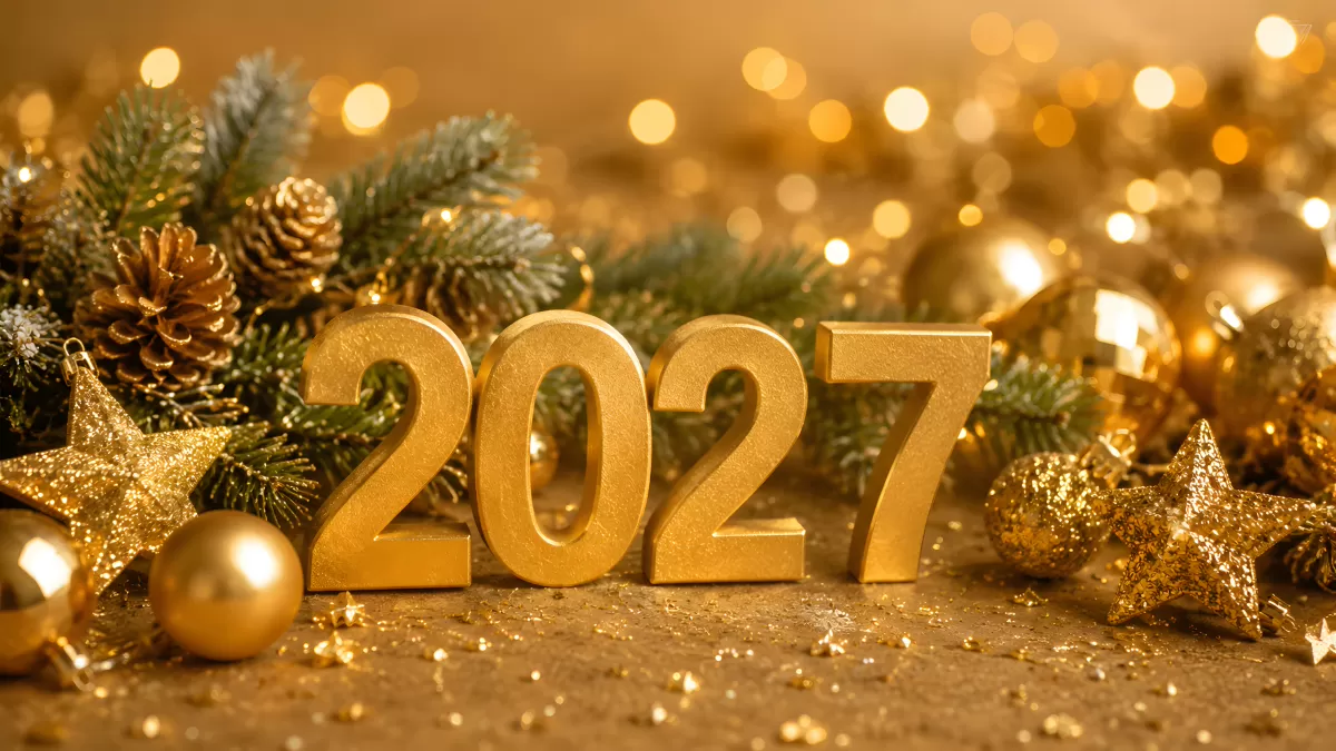 Goldene Jahreszahl 2027 mit festlicher Weihnachtsdeko