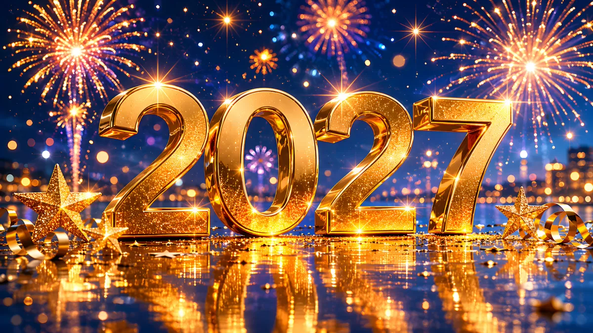 Goldene Jahreszahl 2027 mit Feuerwerk und Glitzer