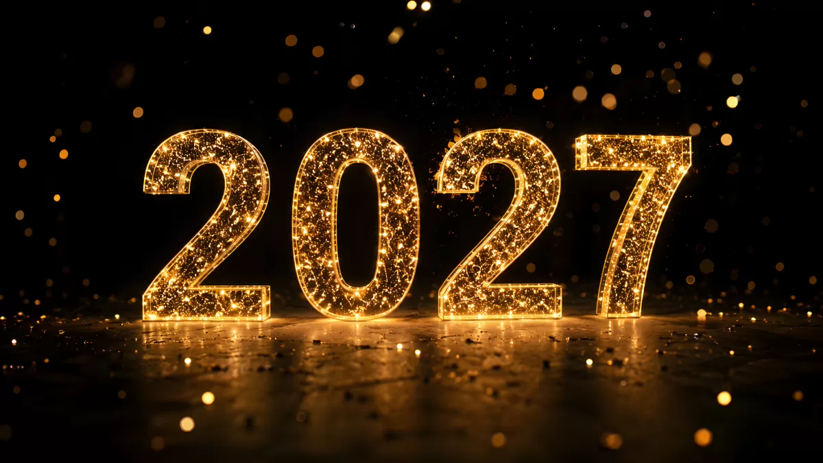 Goldene Jahreszahl 2027 mit Lichteffekten auf Schwarz
