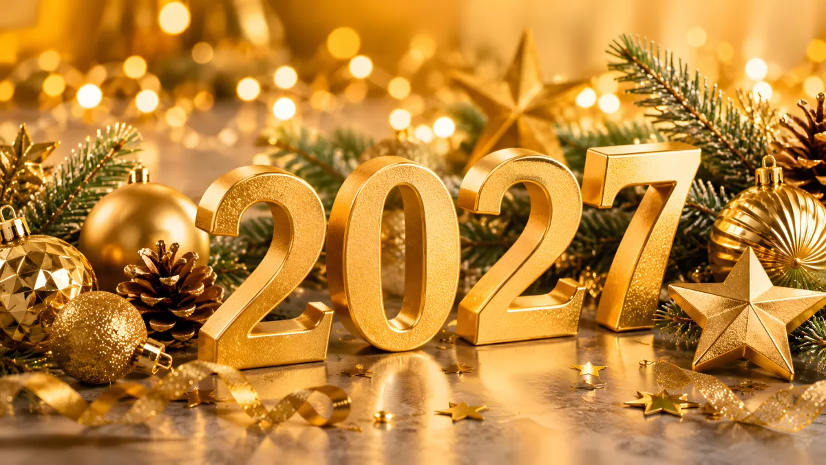 Goldene Jahreszahl 2027 mit Weihnachtsdeko