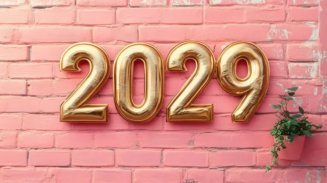 Goldene Jahreszahl 2029 auf pinkfarbenem Mauerwerk