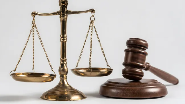 Goldene Justitia-Waage und Richterhammer - Rechtssymbolik