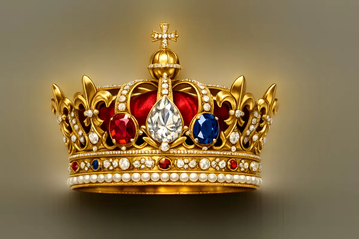 Goldene Königskrone mit Edelsteinen und Perlen