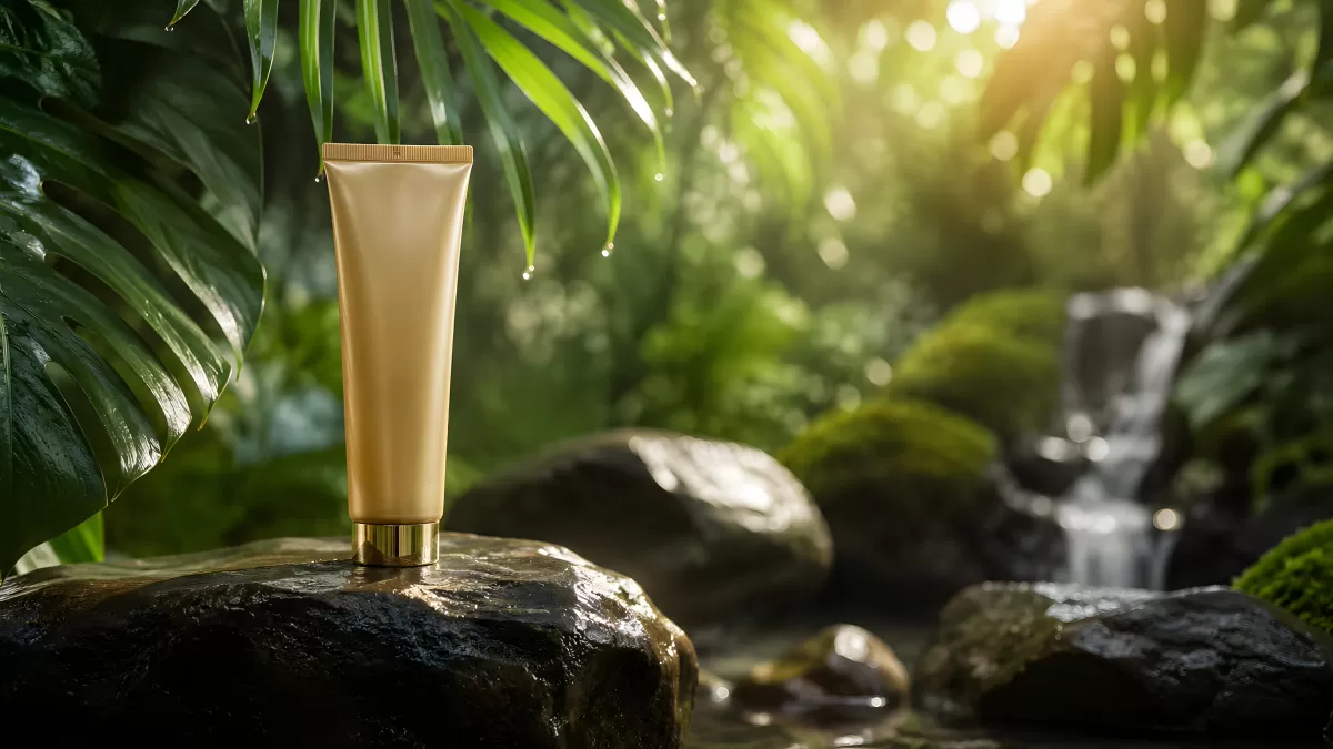 Goldene Kosmetiktube auf Felsen im grünen Dschungel