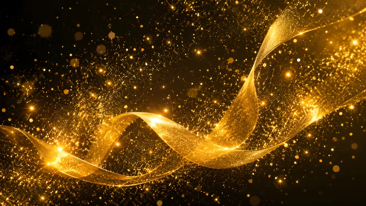 Goldene Lichtwellen mit funkelnden Glitzerpartikeln