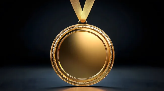Goldene Medaille mit geprägtem Rand auf dunklem Hintergrund