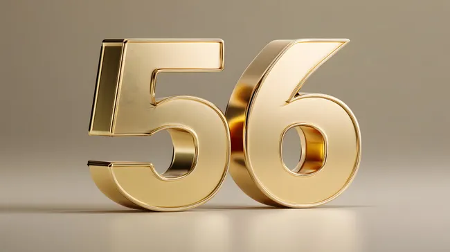 Goldene metallische Zahl 56 auf neutralem Hintergrund