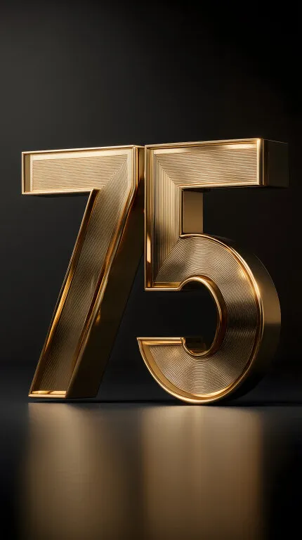 Goldene metallische Zahl 75 auf dunklem Hintergrund