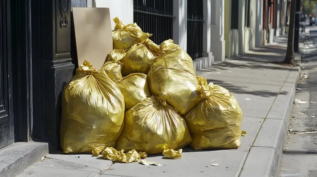 Goldene Müllsäcke am Stadtgehweg