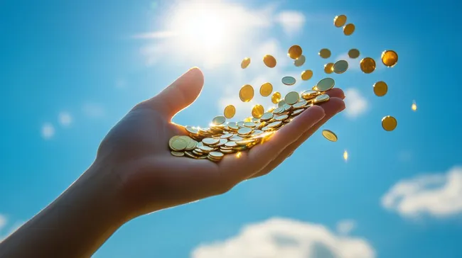 Goldene Münzen fallen vom Himmel auf offene Hand