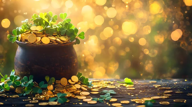 Goldene Münzen und Glücksklee für den St. Patrick's Day