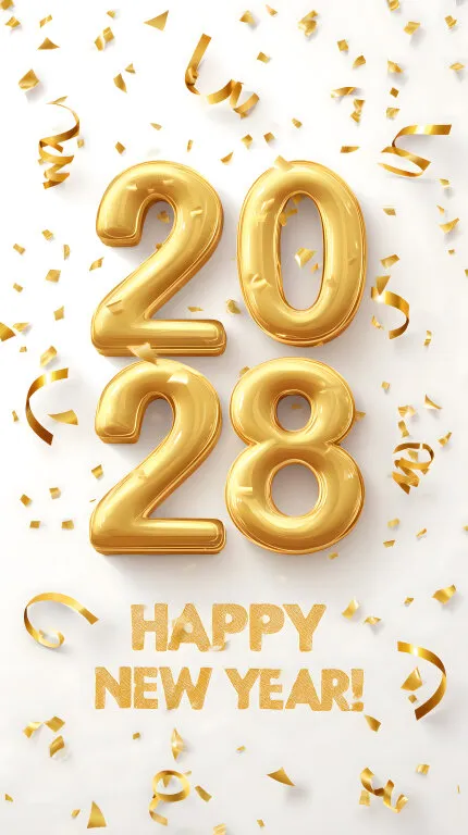 Goldene Neujahrs-Zahlen 2028 vor weißem Hintergrund