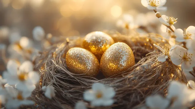 Goldene Ostereier in verziertem Nest mit Blüten