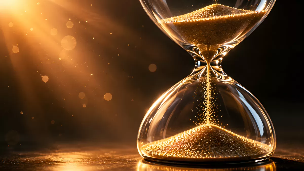 Goldene Sanduhr mit glitzerndem Sand im Gegenlicht