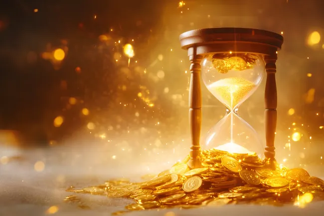 Goldene Sanduhr mit Münzen - Symbolbild für Zeit und Reichtum
