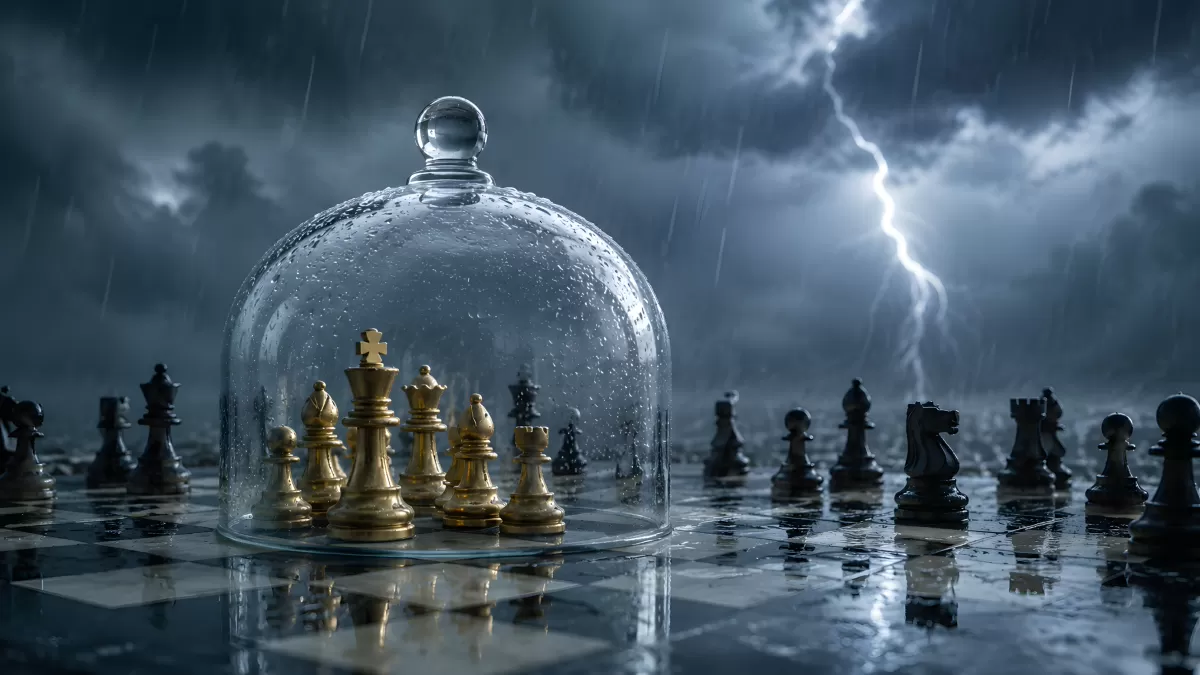 Goldene Schachfiguren unter Glasglocke im Gewitter
