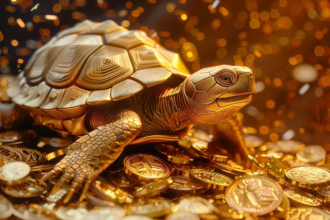 Goldene Schildkröte auf Haufen Goldmünzen