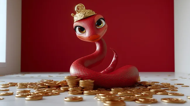 Goldene Schlange auf Münzenhaufen - Chinesisches Neujahrsfoto