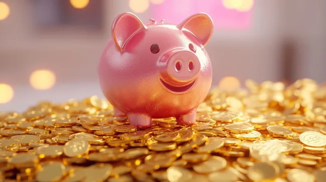 Goldene Sparschwein-Figur auf Münzhaufen