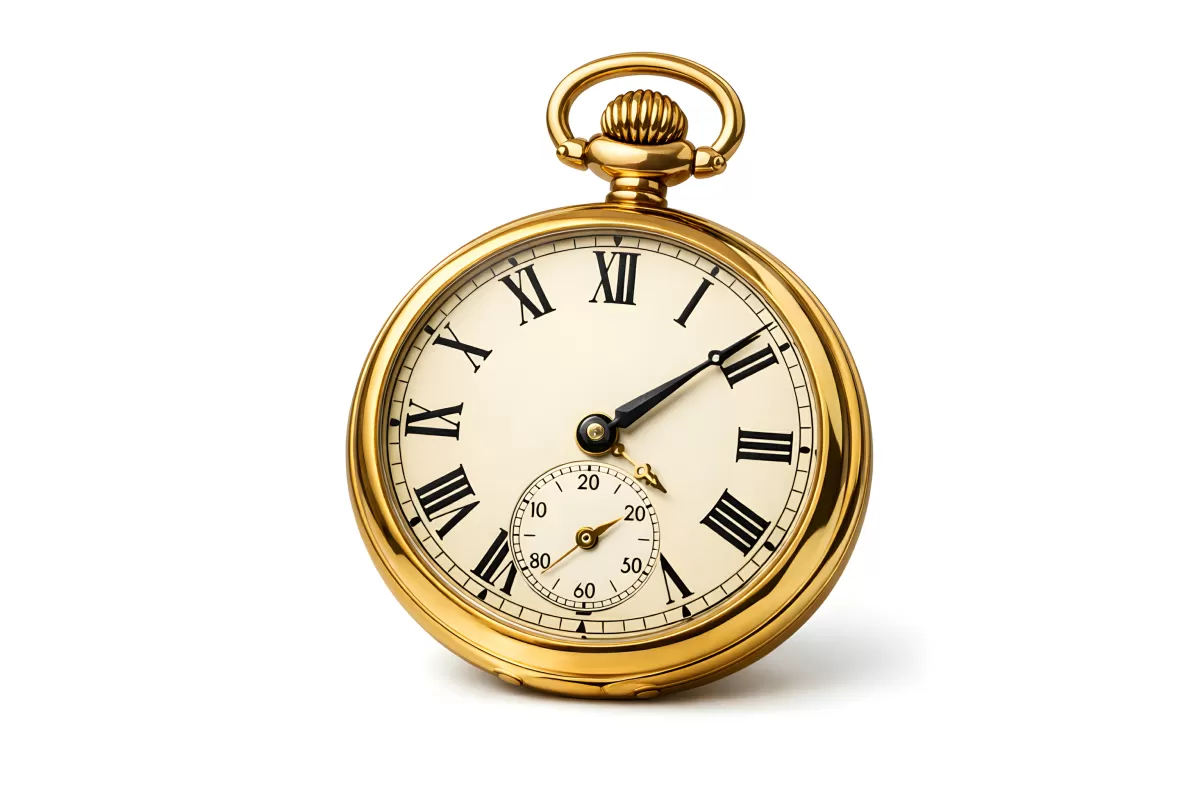 Goldene Taschenuhr mit römischen Ziffern auf Weiß