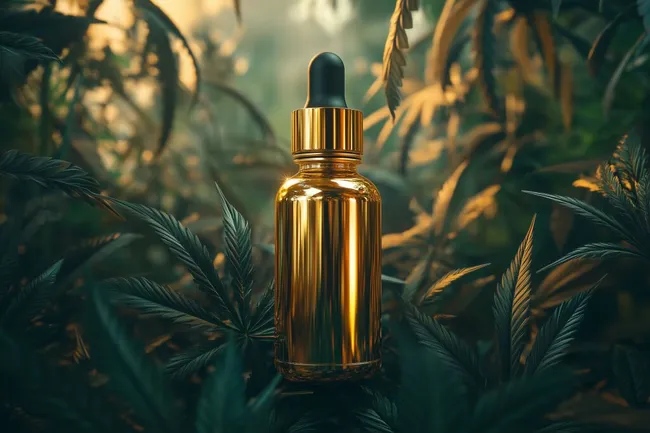 Goldene Tropfflasche mit CBD-Öl umgeben von Hanfblättern