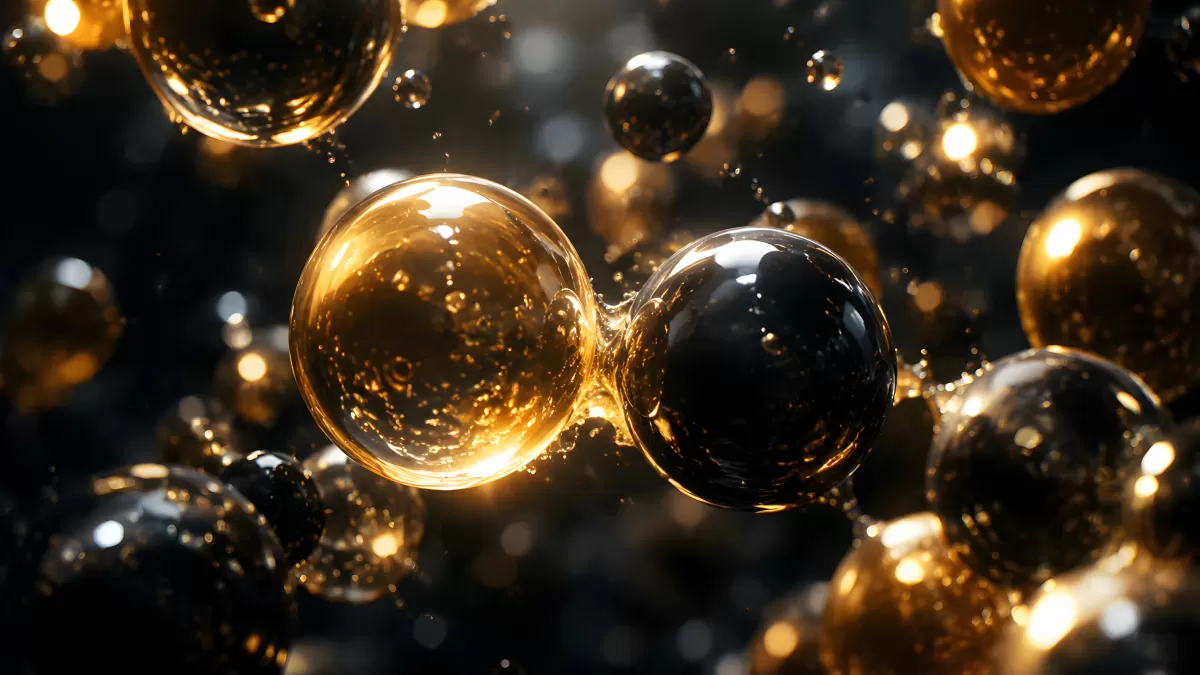 Goldene und schwarze Kugeln schweben im Dunkel
