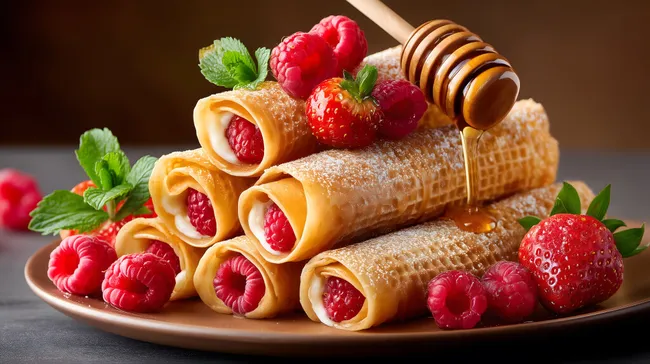 Goldene Waffelröllchen mit frischen Beeren und Honig