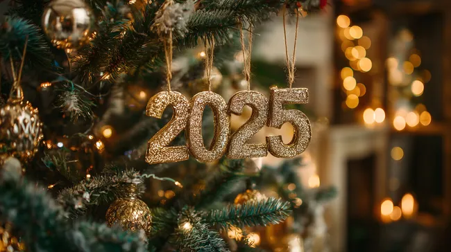 Goldene Weihnachtsdeko - Zahlen 2025 am Christbaum