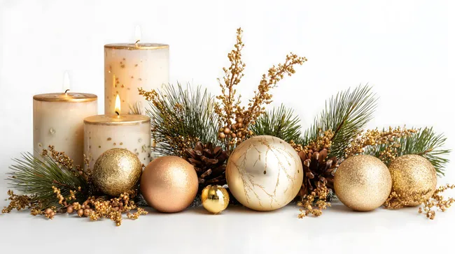 Goldene Weihnachtsdekoration mit Kerzen auf weißem Hintergrund