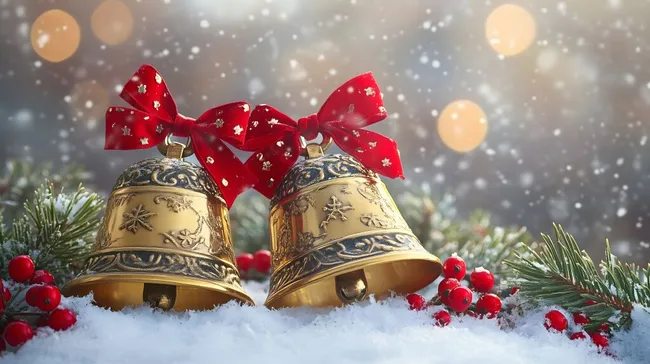 Goldene Weihnachtsglocken mit roten Schleifen im Schnee