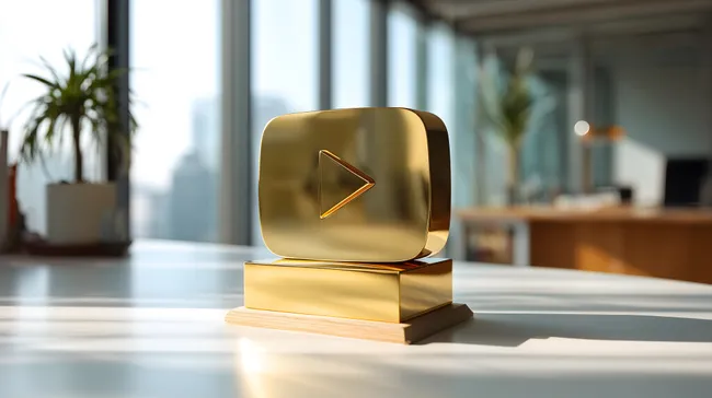 Goldene YouTube-Spieltaste als Trophäe auf Büroschreibtisch