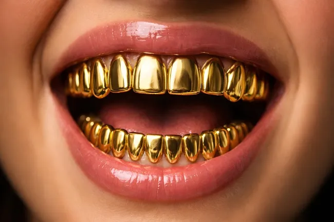 Goldene Zähne und glänzende Lippen in Nahaufnahme