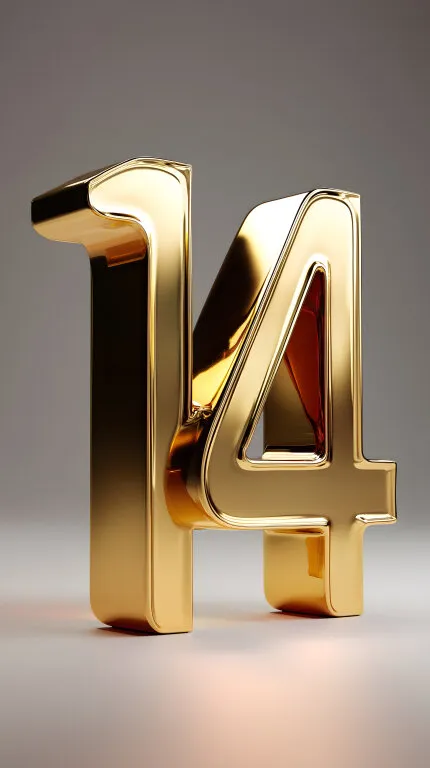 Goldene Zahl 14 in 3D-Optik vor grauem Hintergrund