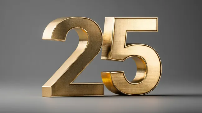 Goldene Zahl 25 in 3D-Optik auf Grau